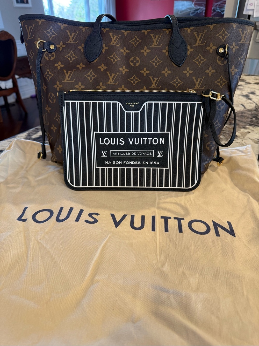 Louis Vuitton Brown Monogram Neverfull Tote with Black & White Striped Pochette